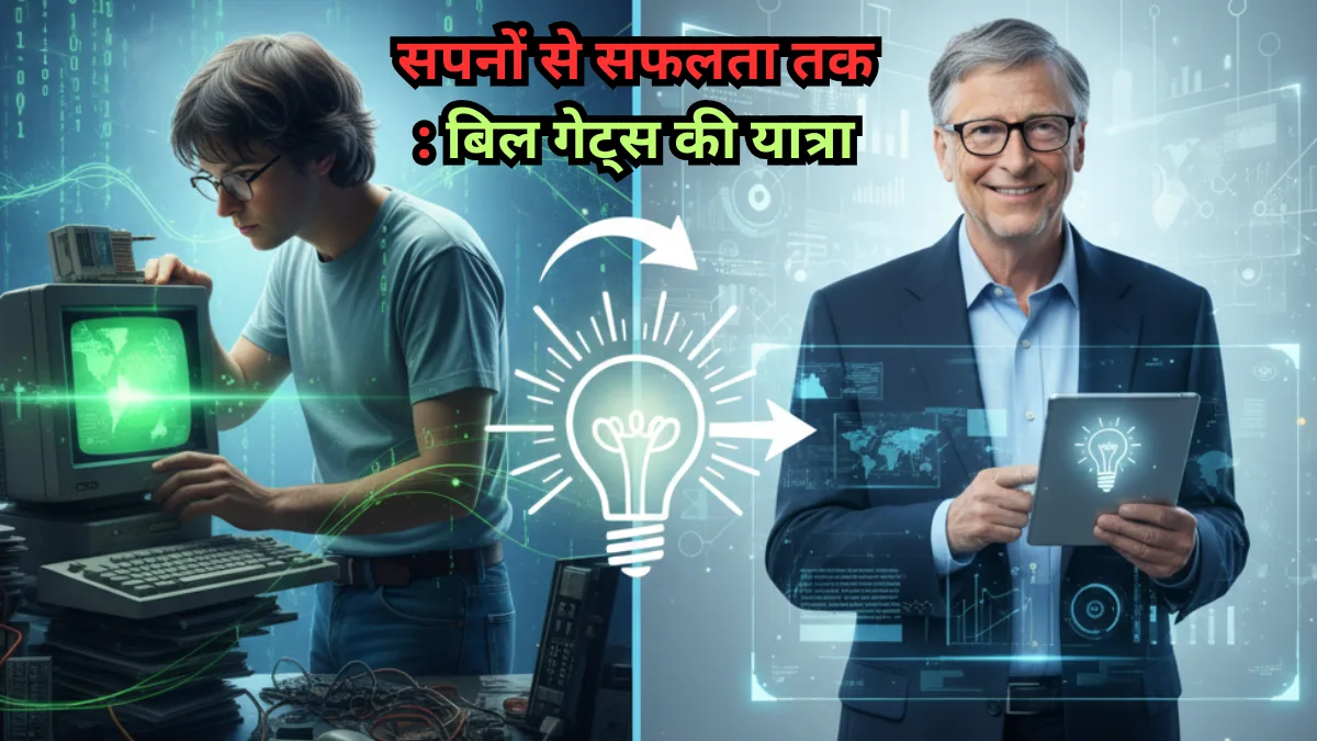 Bill Gates journey from young computer enthusiast to successful tech leader, symbolizing dreams to success.
